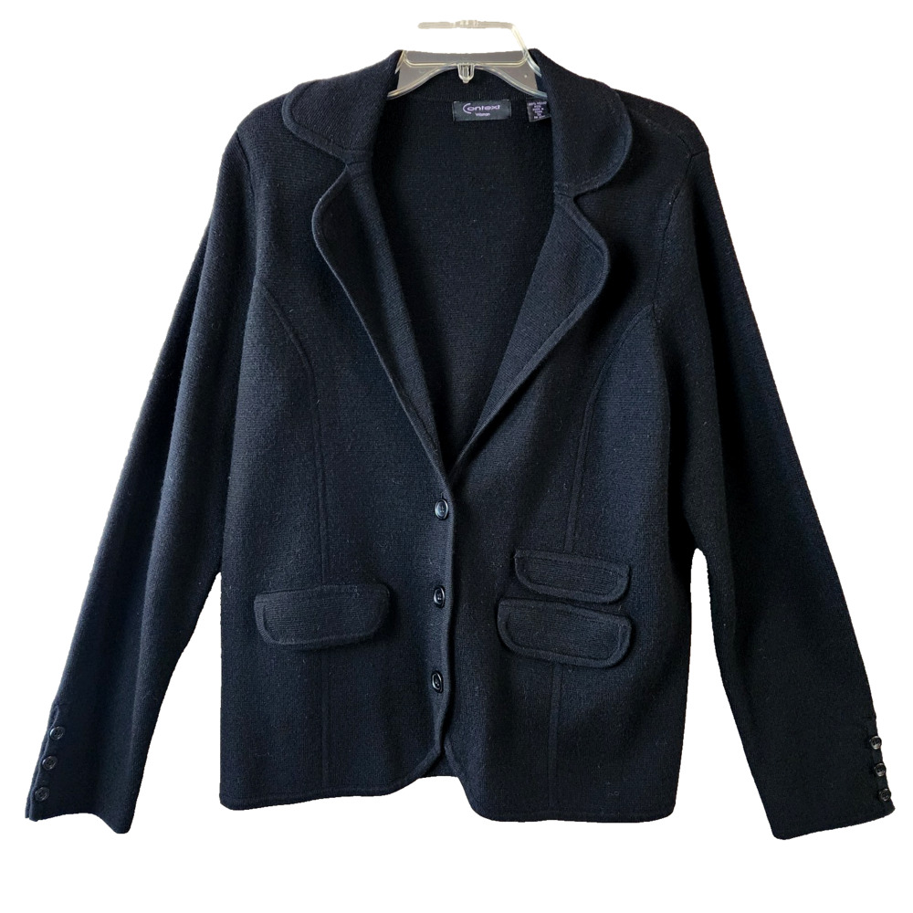 Context Woman 3-Button Merino Wool Sweater 1X Black Pockets Notched Lapel